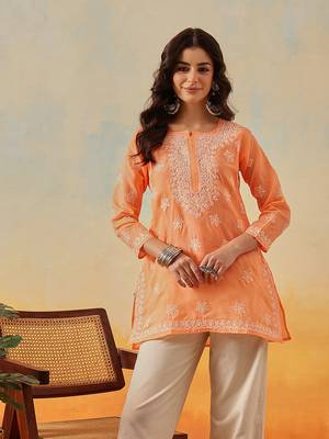 Hand embroidered orange cotton lucknowi chikankari kurti 1