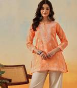 Hand embroidered orange cotton lucknowi chikankari kurti