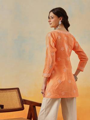 Hand embroidered orange cotton lucknowi chikankari kurti 2