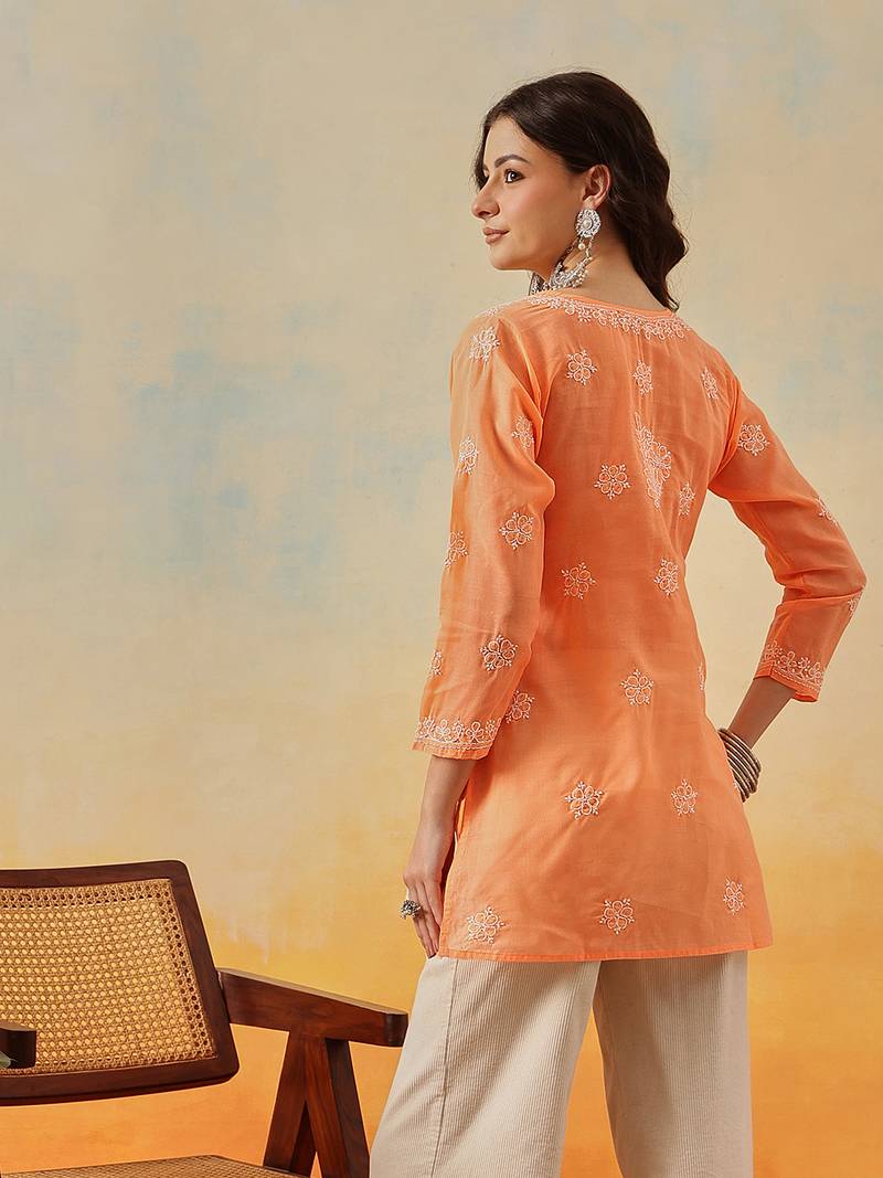 Hand embroidered orange cotton lucknowi chikankari kurti