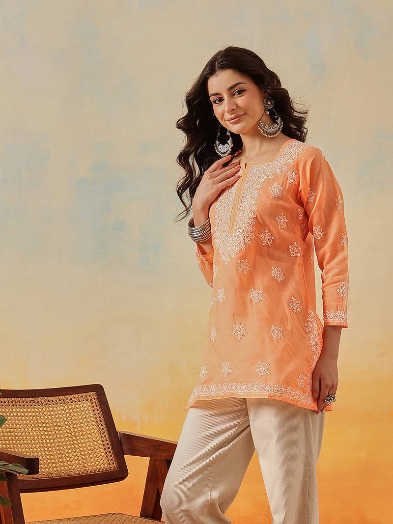 Hand embroidered orange cotton lucknowi chikankari kurti