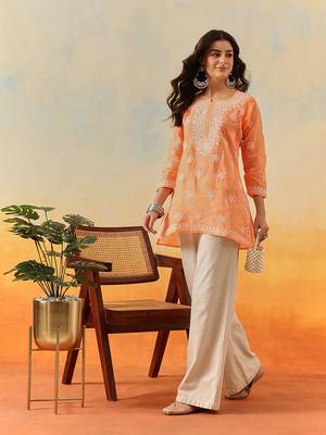 Hand embroidered orange cotton lucknowi chikankari kurti 4