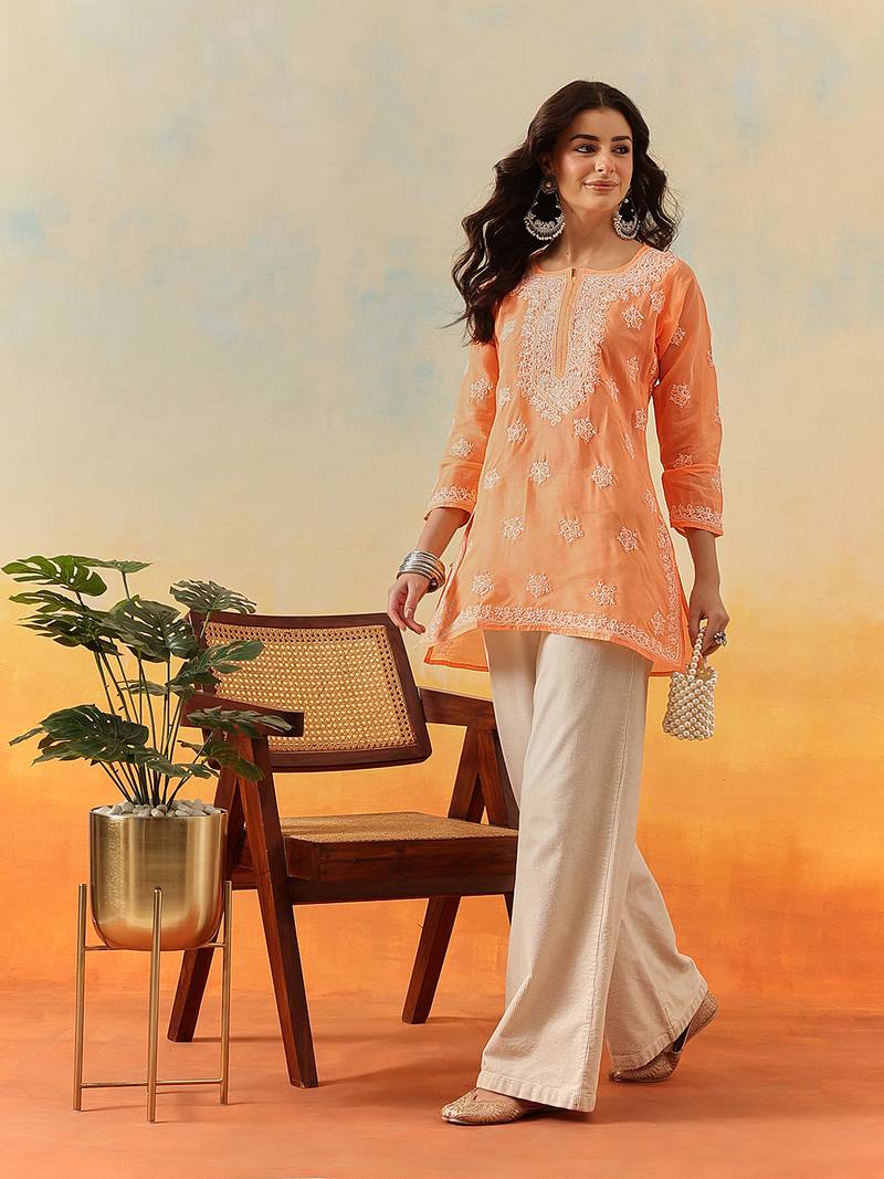 Hand embroidered orange cotton lucknowi chikankari kurti
