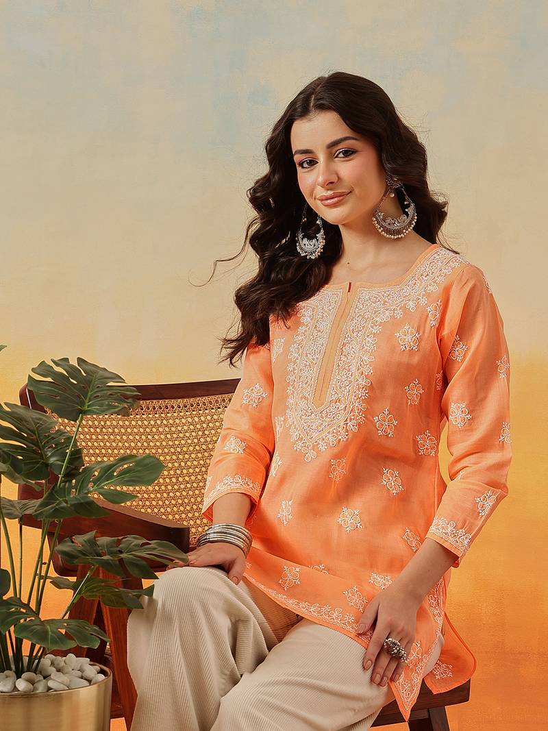 Hand embroidered orange cotton lucknowi chikankari kurti