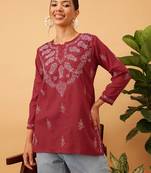 Hand embroidered maroon cotton lucknowi chikankari short kurti/top
