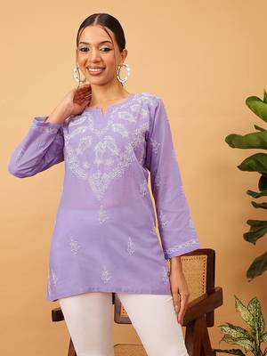Hand embroidered mauve cotton lucknowi chikankari short kurti/top 1