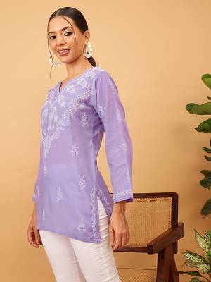 Hand embroidered mauve cotton lucknowi chikankari short kurti/top 3