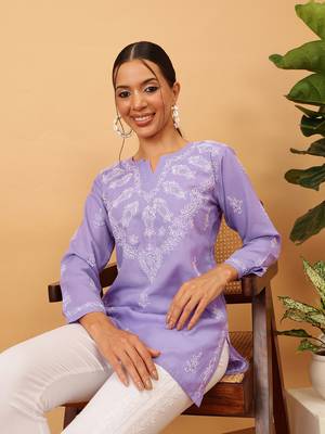 Hand embroidered mauve cotton lucknowi chikankari short kurti/top 4