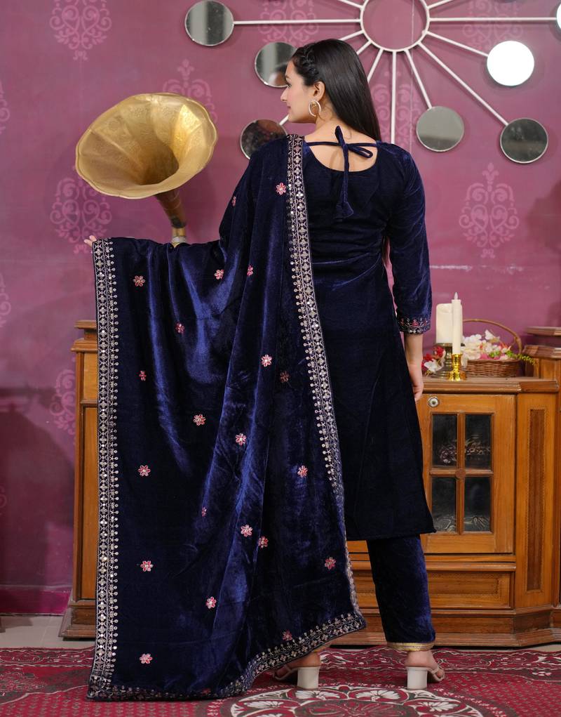 Navy Blue VELVET  with emboidery work Slwar suits 