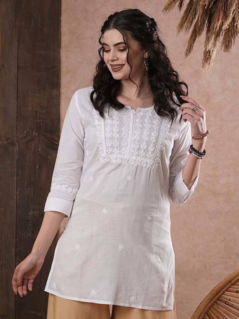 Hand embroidered white cotton lucknowi chikankari short kurti/top