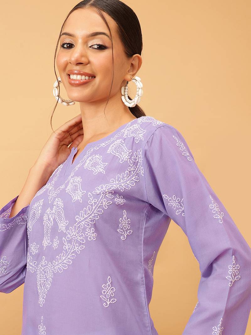 Hand embroidered mauve cotton lucknowi chikankari short kurti/top