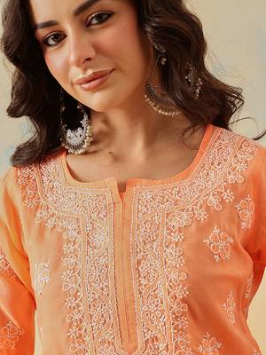 Hand embroidered orange cotton lucknowi chikankari kurti 6
