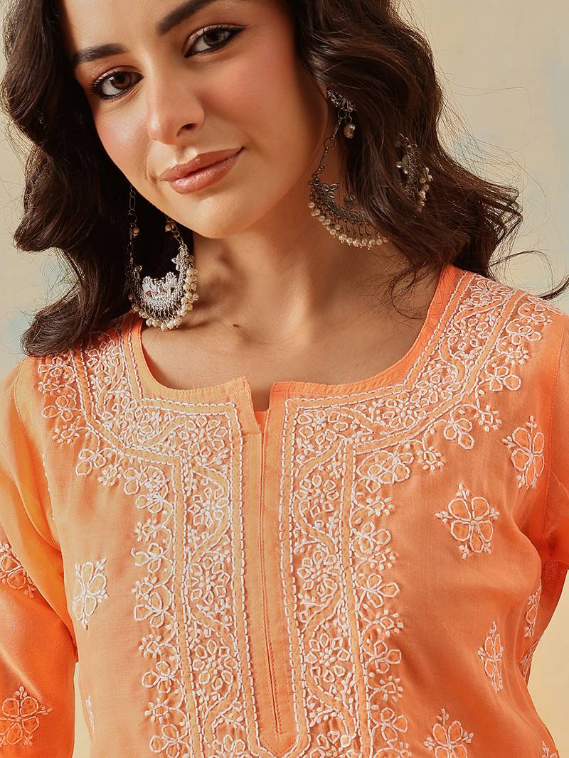 Hand embroidered orange cotton lucknowi chikankari kurti