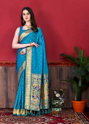 Rama green soft litchi art silk paithani saree 1