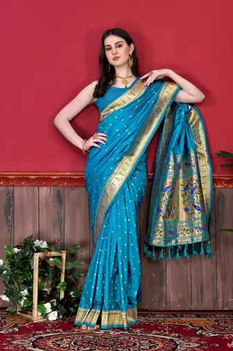 Rama green soft litchi art silk paithani saree