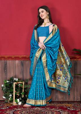 Rama green soft litchi art silk paithani saree 3