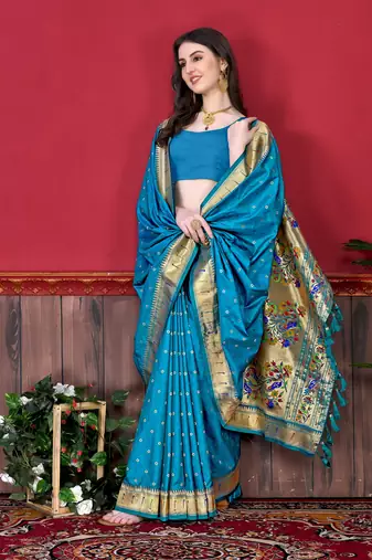 Rama green soft litchi art silk paithani saree