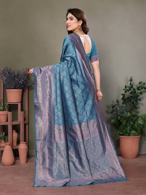 Rama green litchi art silk banarasi silk saree 3
