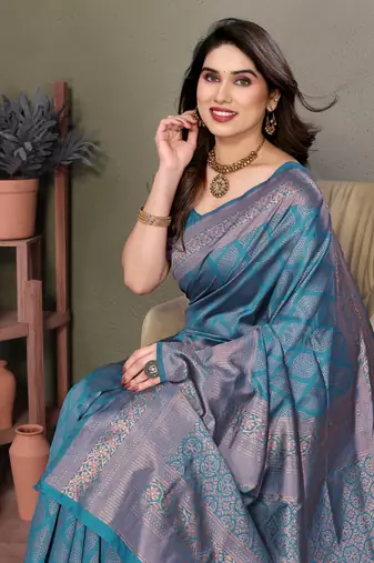 Rama green litchi art silk banarasi silk saree