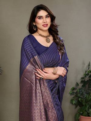 Navy blue litchi art silk banarasi silk saree 5