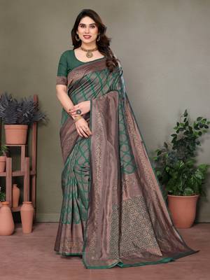Dark green litchi art silk banarasi silk saree 1