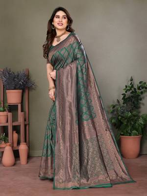 Dark green litchi art silk banarasi silk saree 2