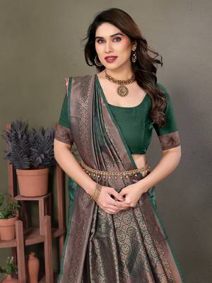 Dark green litchi art silk banarasi silk saree 5