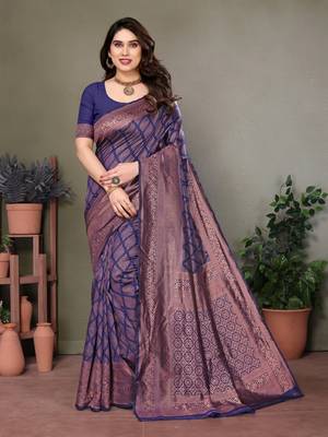 Navy blue litchi art silk banarasi silk saree 1
