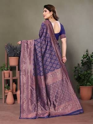 Navy blue litchi art silk banarasi silk saree 3