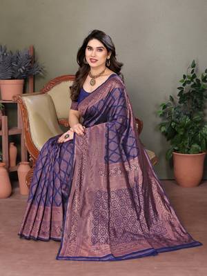 Navy blue litchi art silk banarasi silk saree 4
