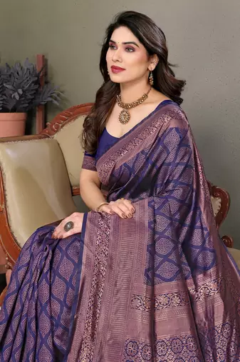Navy blue litchi art silk banarasi silk saree