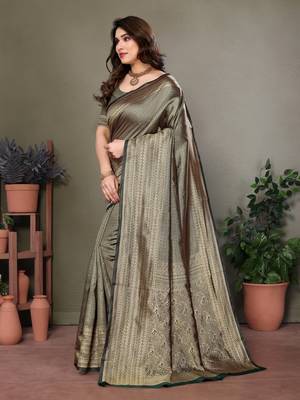 Dark green litchi art silk banarasi silk saree 2
