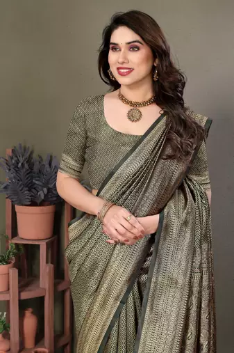 Dark green litchi art silk banarasi silk saree