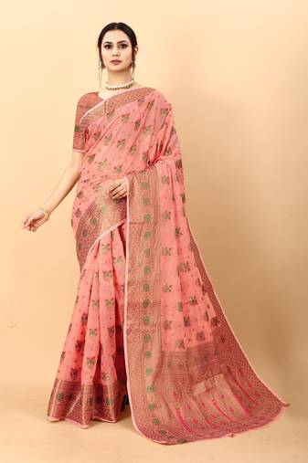 Peach soft cotton art silk saree