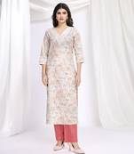 women's cream cotton floral embellished straight kurta with pant