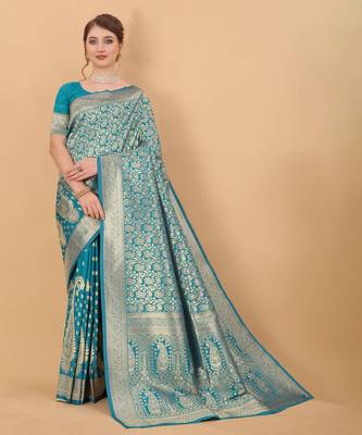 Turquoise soft litchi art silk saree 1