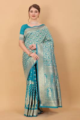 Turquoise soft litchi art silk saree 2