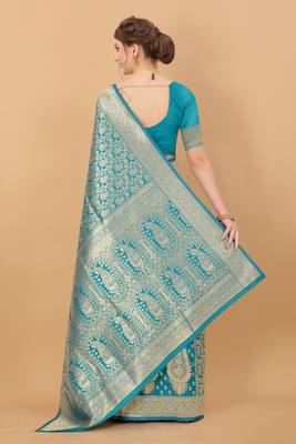 Turquoise soft litchi art silk saree 3