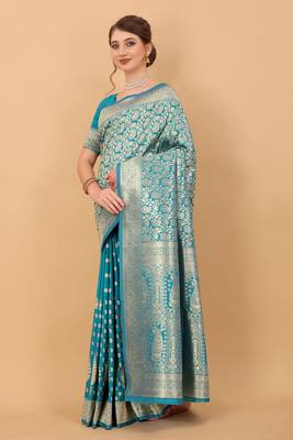 Turquoise soft litchi art silk saree 4