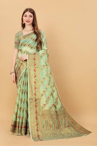 Light green soft cotton silk banarasi silk saree