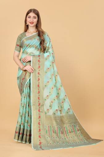 Sea green soft cotton silk banarasi silk saree