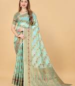 Sea green soft cotton silk banarasi silk saree