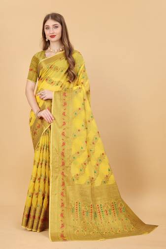 Yellow soft cotton silk banarasi silk saree