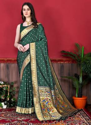 Dark green soft litchi art silk paithani saree 1