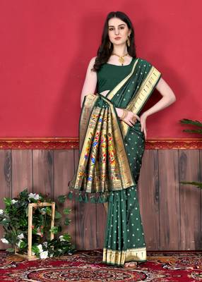 Dark green soft litchi art silk paithani saree 2