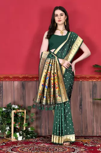 Dark green soft litchi art silk paithani saree