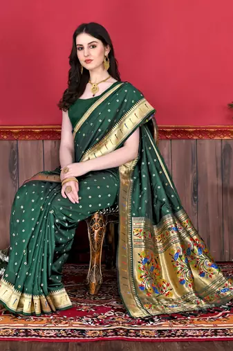 Dark green soft litchi art silk paithani saree