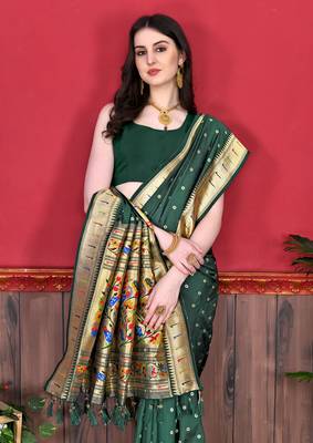 Dark green soft litchi art silk paithani saree 4