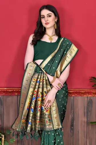 Dark green soft litchi art silk paithani saree