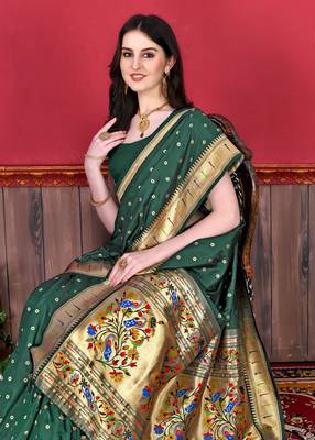Dark green soft litchi art silk paithani saree 5